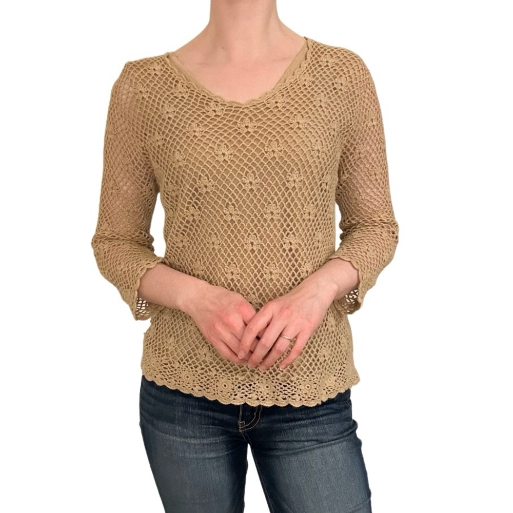 Croft & Barrow Tan Long Sleeve Lace Crochet Mesh Long Sleeve Brown floral Blouse